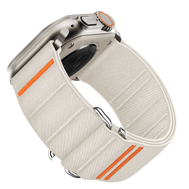 Bracelet à boucle nylon beige clair avec lignes orange pour Apple Watch, style tactique ajustable.