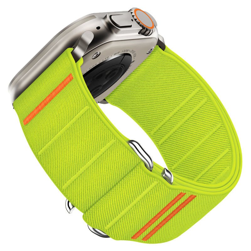 Bracelet en nylon vert citron avec boucle ajustable et détails orange pour Apple Watch.