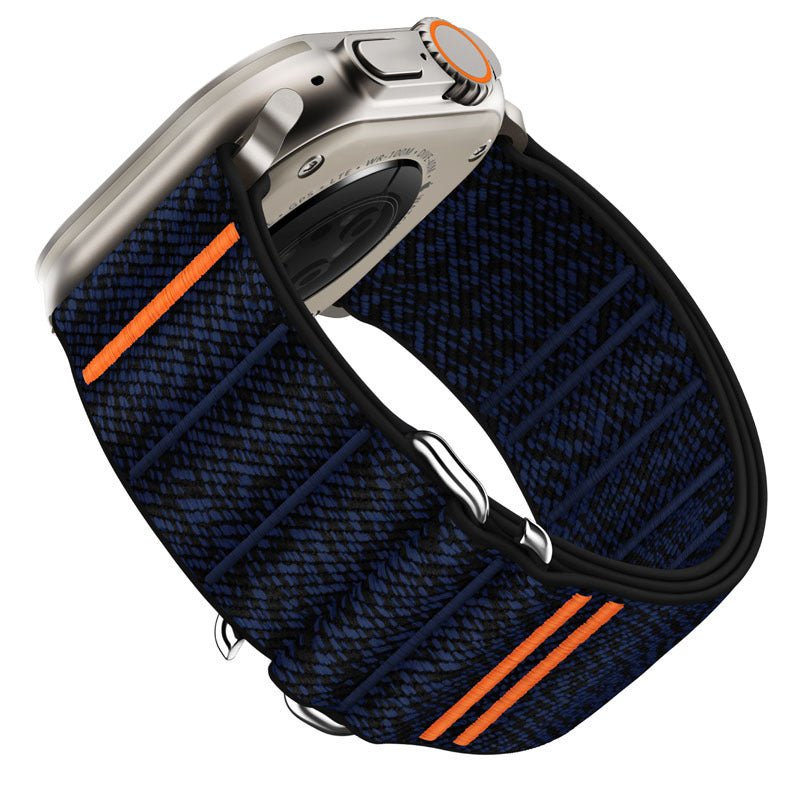 Bracelet nylon bleu marine à boucle avec détails orange pour Apple Watch, style tactique ajustable.