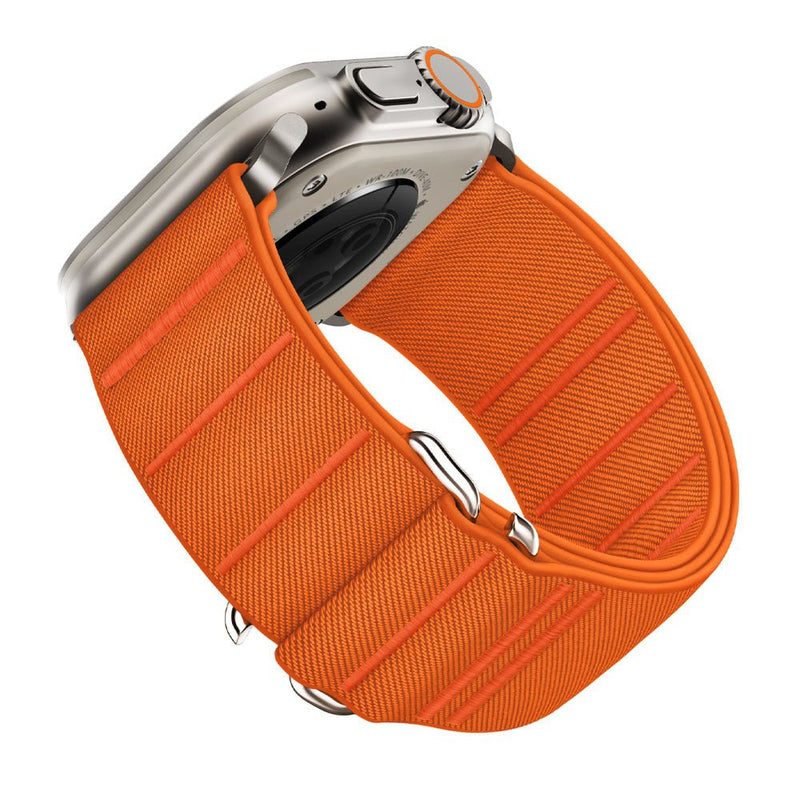 Bracelet Apple Watch nylon orange tactique ajustable boucle sécurisée 38-42 mm.