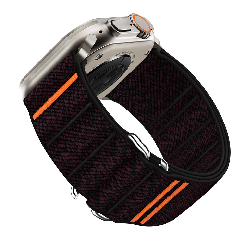Bracelet nylon noir avec lignes orange, boucle ajustable, style tactique pour Apple Watch.
