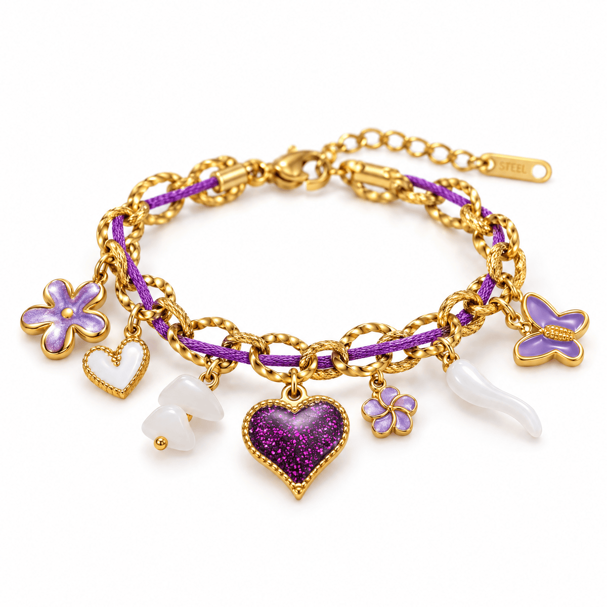 Bracelet Neyma doré et violet posé de face sur fond blanc