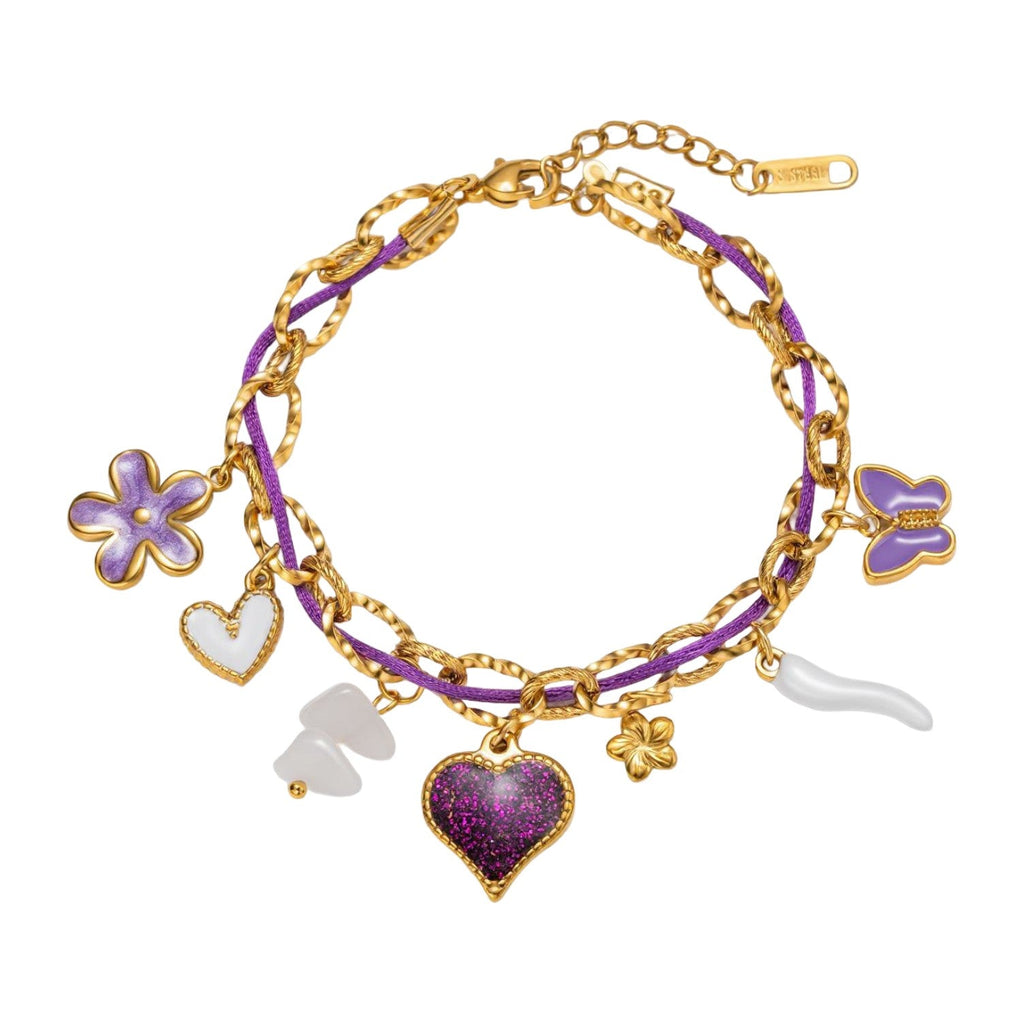 Bracelet à charms ajustable, chaîne dorée et cordon nylon violet, cœur pailleté, fleurs et papillons émaillés, modèle Neyma