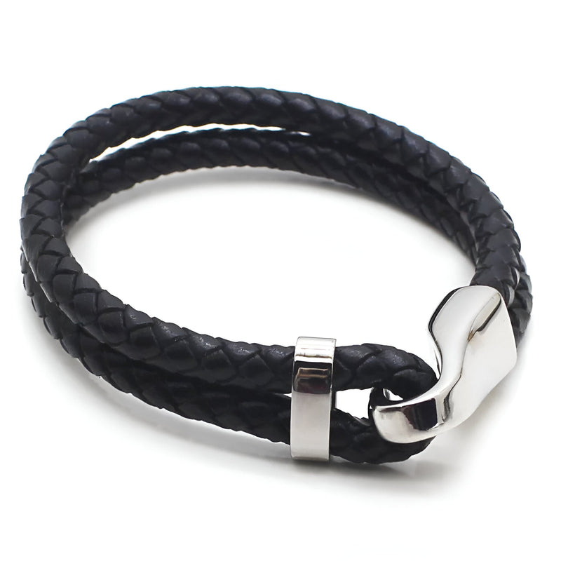 Bracelet homme noir en cuir tressé double tour avec crochet en acier inoxydable brillant.