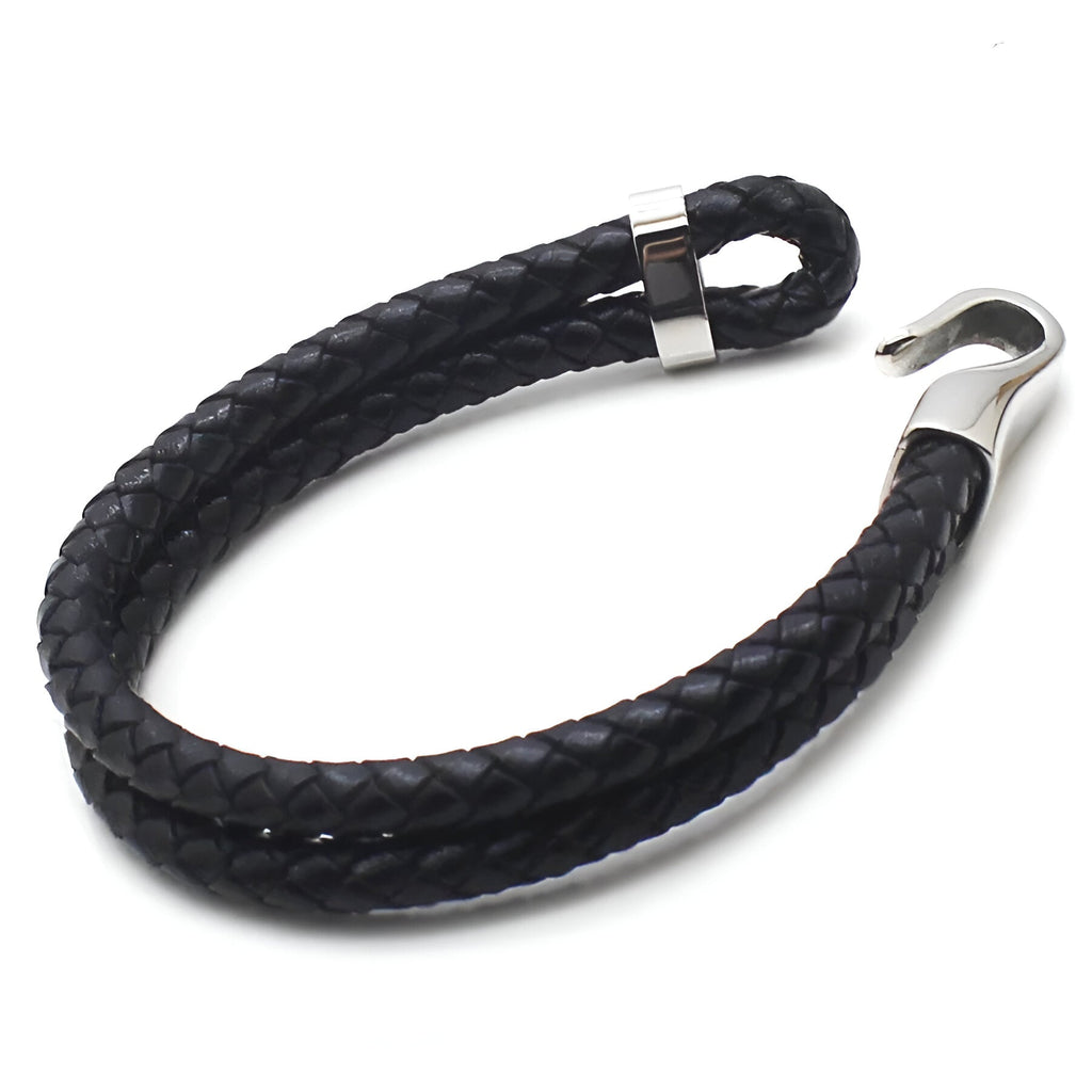 Bracelet homme en cuir noir tressé avec fermoir crochet en acier inoxydable brillant.