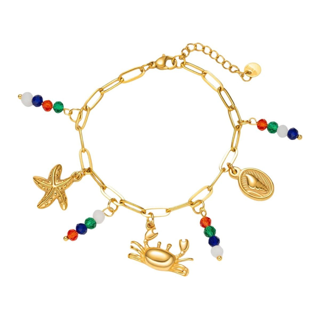 Bracelet à mailles dorées, charms marins et perles colorées, bijou d'été ajustable, modèle Toila