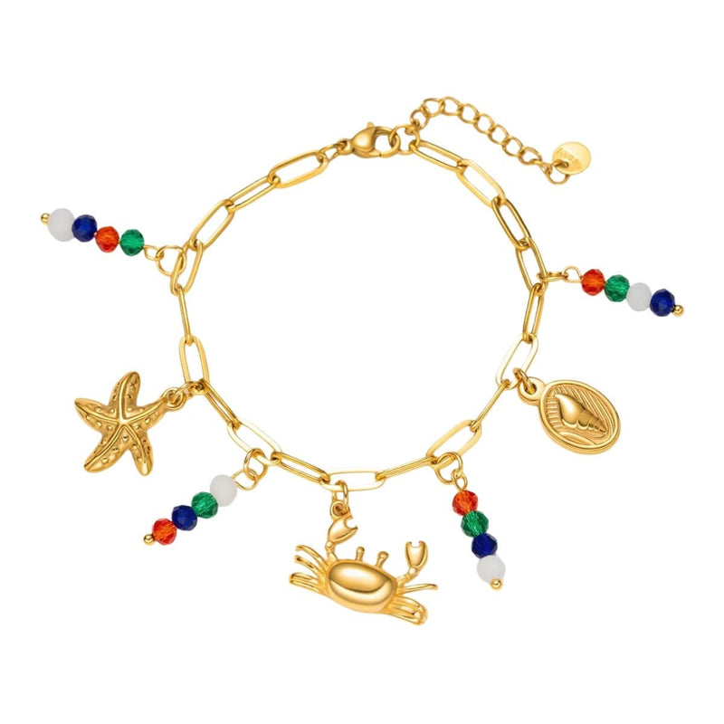 Bracelet à mailles dorées, charms marins et perles colorées, bijou d'été ajustable, modèle Toila