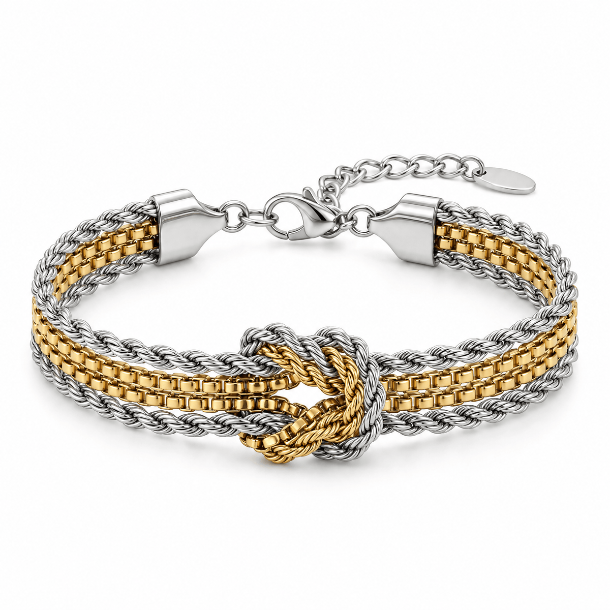 Packshot studio bracelet Bracelet à mailles multiples avec nœud central, acier inoxydable à finition dorée, style minimaliste raffiné, modèle Coupa — Or et argent, vue frontale basse, fond blanc pur, détails verrouillés