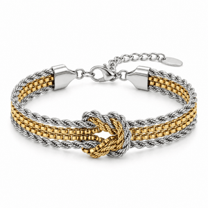Packshot studio bracelet Bracelet à mailles multiples avec nœud central, acier inoxydable à finition dorée, style minimaliste raffiné, modèle Coupa — Or et argent, vue frontale basse, fond blanc pur, détails verrouillés