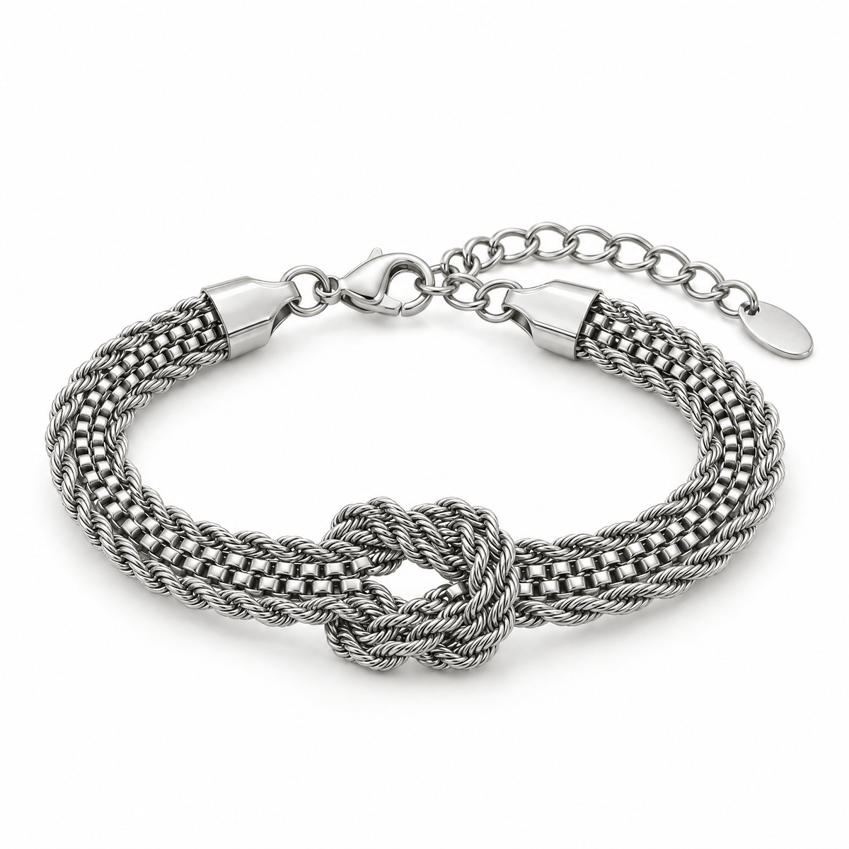 Packshot studio bracelet Bracelet à mailles multiples avec nœud central, acier inoxydable à finition dorée, style minimaliste raffiné, modèle Coupa — Argent, vue frontale basse, fond blanc pur, détails verrouillés