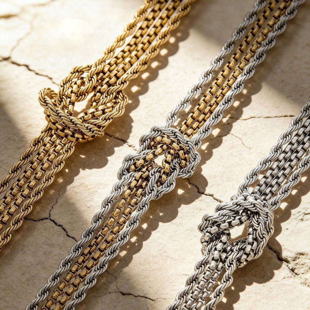 Bracelet à mailles multiples avec nœud central, acier inoxydable plaqué or 18 carats, style minimaliste raffiné, modèle Coupa