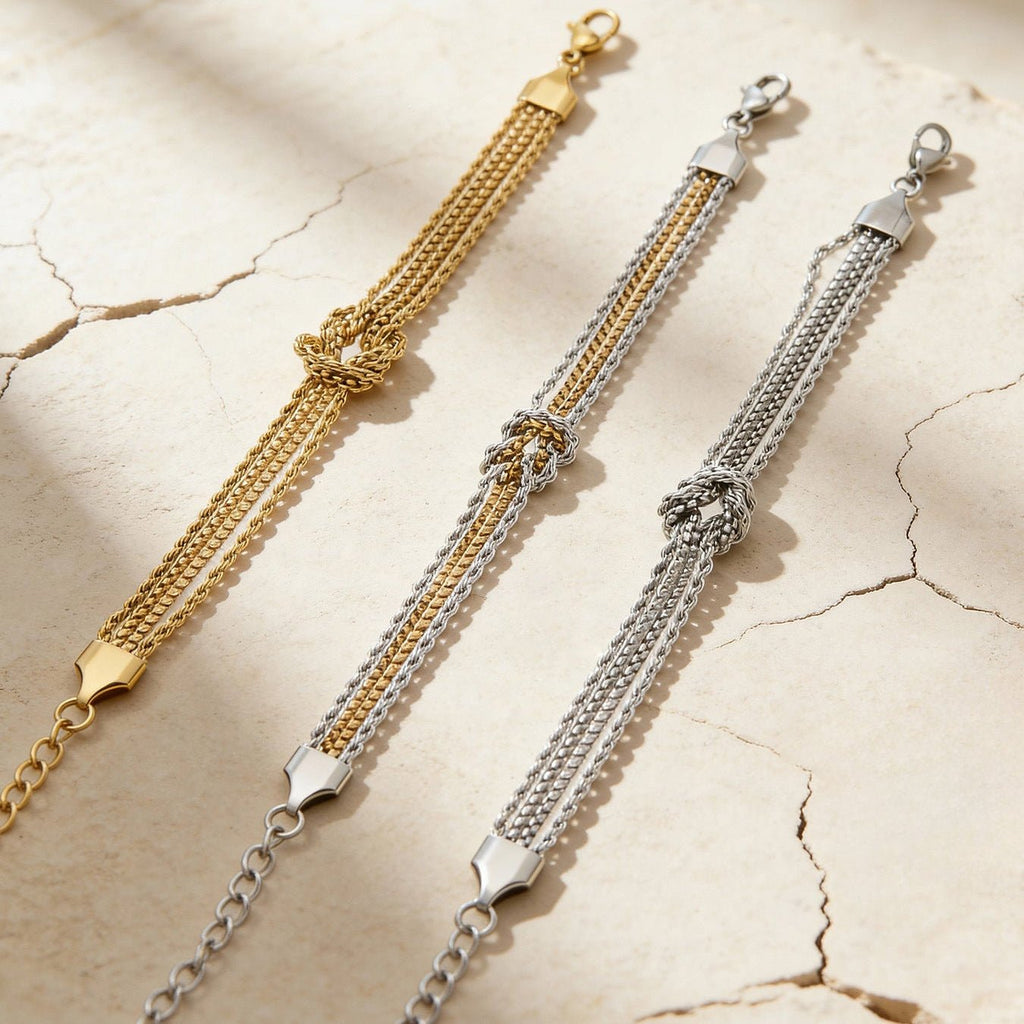 Bracelet à mailles multiples avec nœud central, acier inoxydable plaqué or 18 carats, style minimaliste raffiné, modèle Coupa
