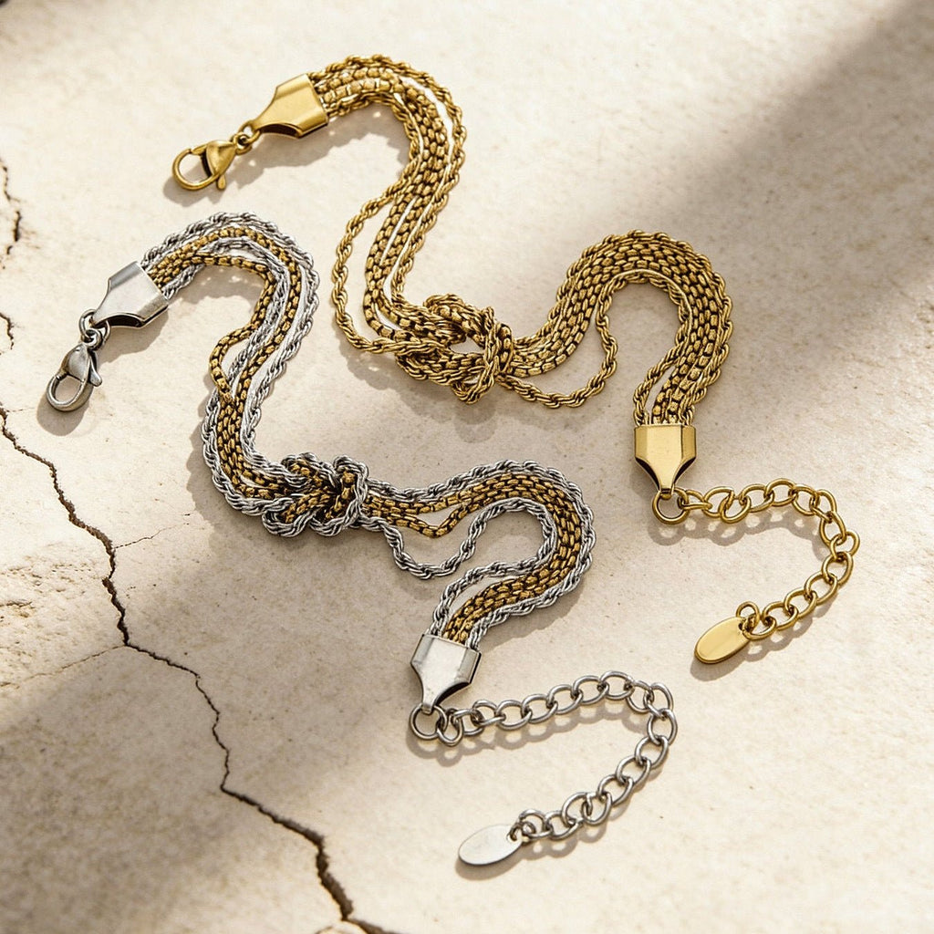Bracelet à mailles multiples avec nœud central, acier inoxydable plaqué or 18 carats, style minimaliste raffiné, modèle Coupa