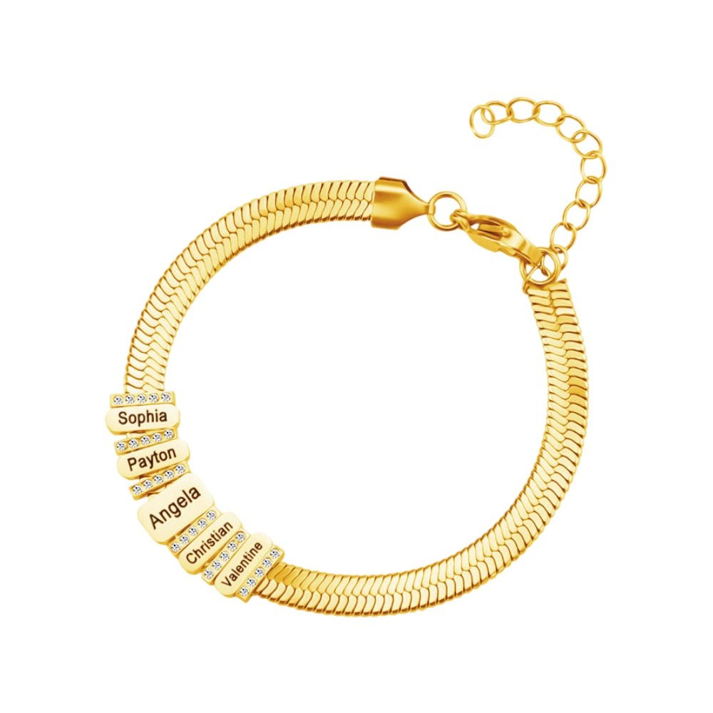Bracelet serpent doré en acier inoxydable avec plaques gravées personnalisées et zircons brillants.