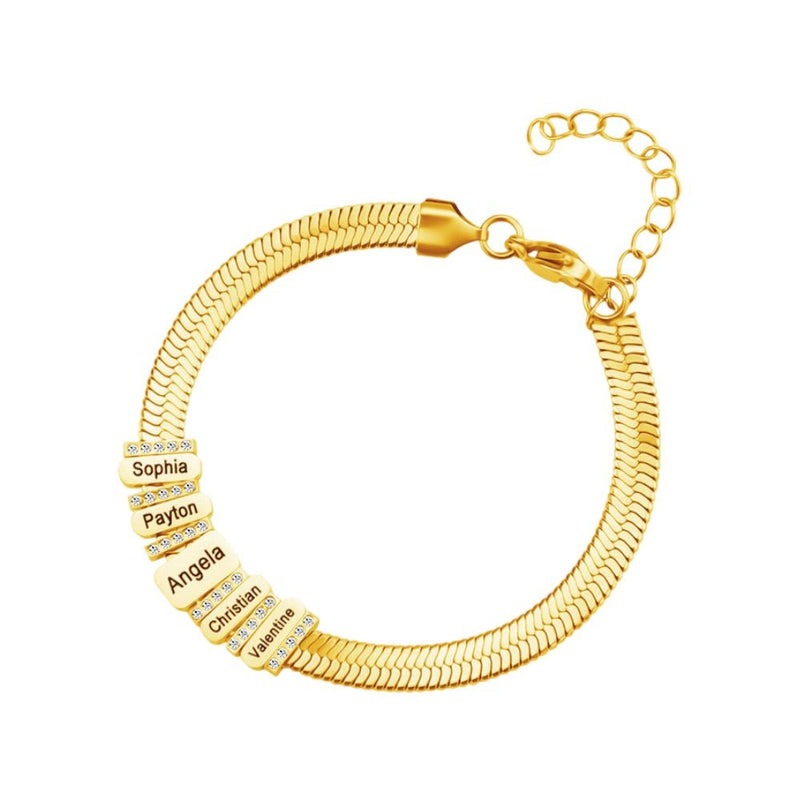 Bracelet serpent doré en acier inoxydable avec plaques gravées personnalisées et zircons brillants.