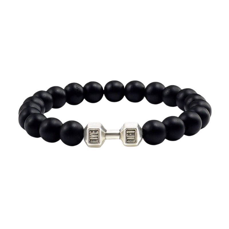 Bracelet à perles noires mat avec haltère argentée centrale, style musculation, modèle Sulek.