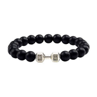 Bracelet à perles noires mat avec haltère argentée centrale, style musculation, modèle Sulek.