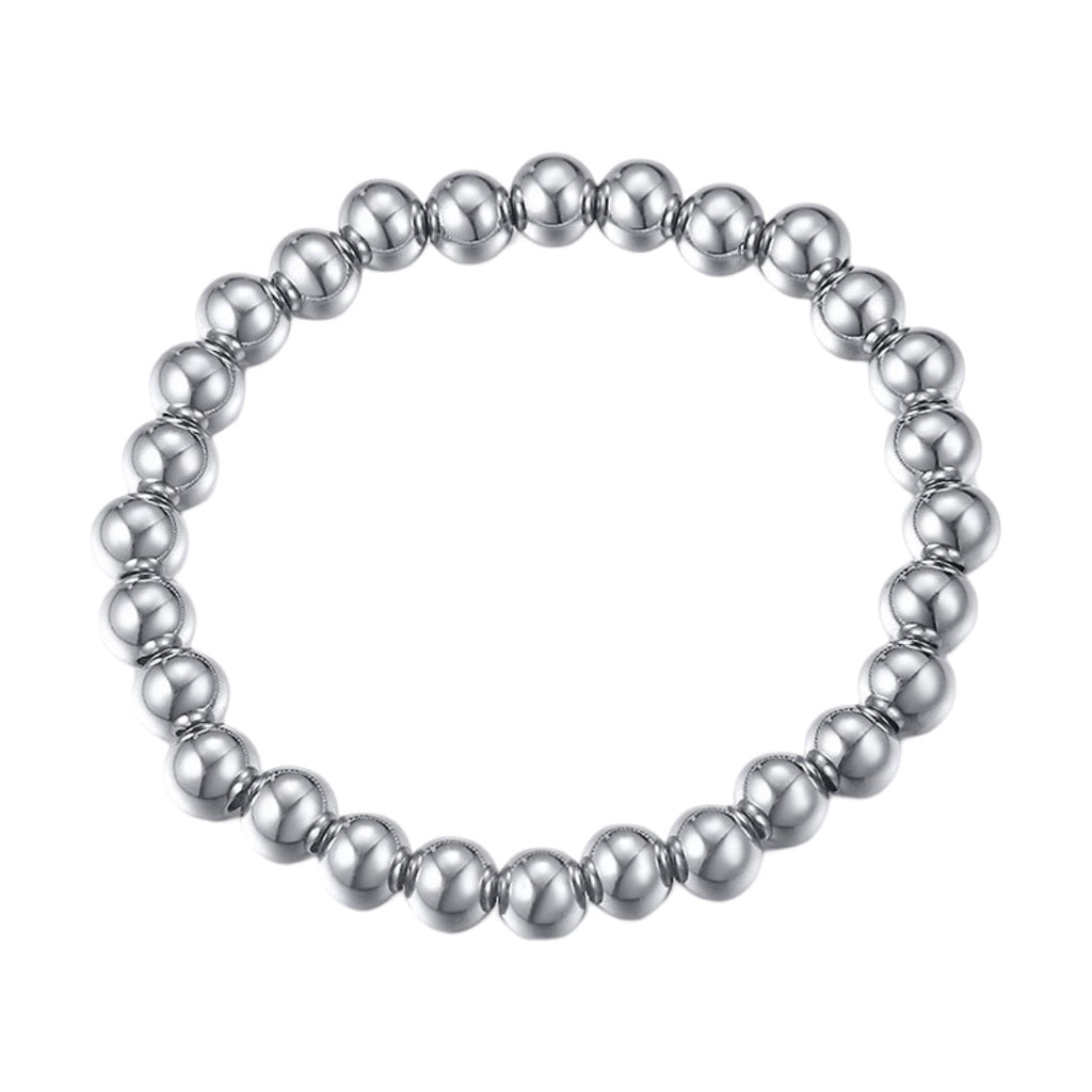 Bracelet élastique en acier inoxydable argenté avec perles polies rondes et lisses.