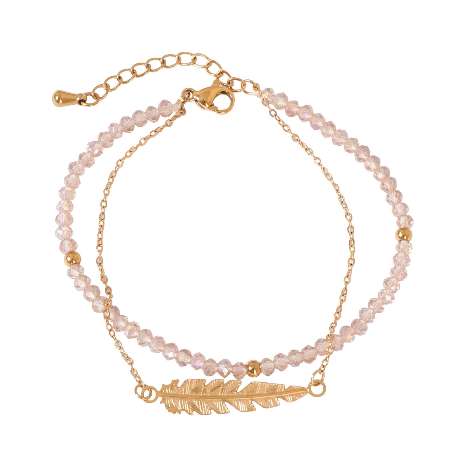 Bracelet à perles rose quartz et plume dorée, bijou fin double rang avec chaîne délicate et fermoir mousqueton, modèle Pelzia