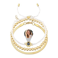 Bracelet fin à cordon blanc ajustable avec perles dorées et acier inoxydable, pendentif rond personnalisable avec photo au.