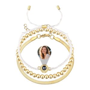 Bracelet fin à cordon blanc ajustable avec perles dorées et acier inoxydable, pendentif rond personnalisable avec photo au.