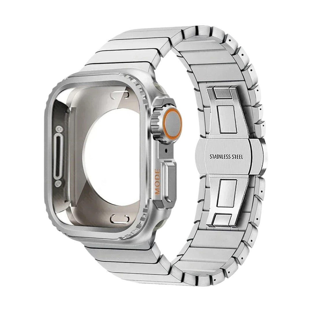 Stainless steel bracelet with full cover for Apple Watch, secure butterfly clasp, modern sporty style, Zedix model