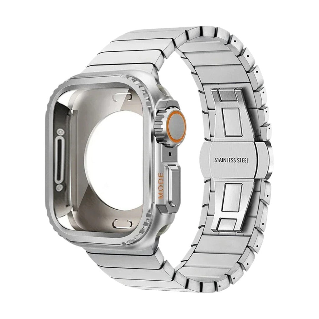 Stainless steel bracelet with full cover for Apple Watch, secure butterfly clasp, modern sporty style, Zedix model
