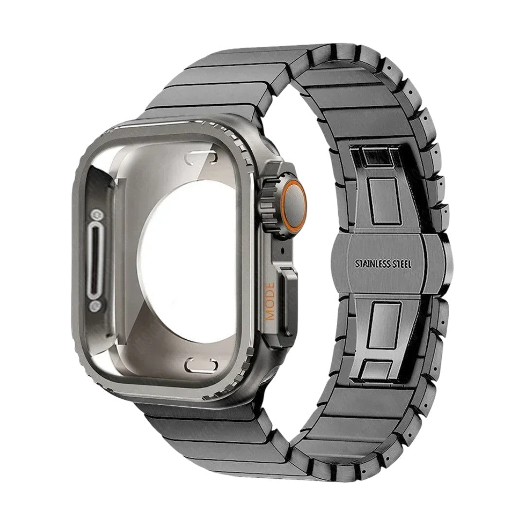Stainless steel bracelet with full cover for Apple Watch, secure butterfly clasp, modern sporty style, Zedix model