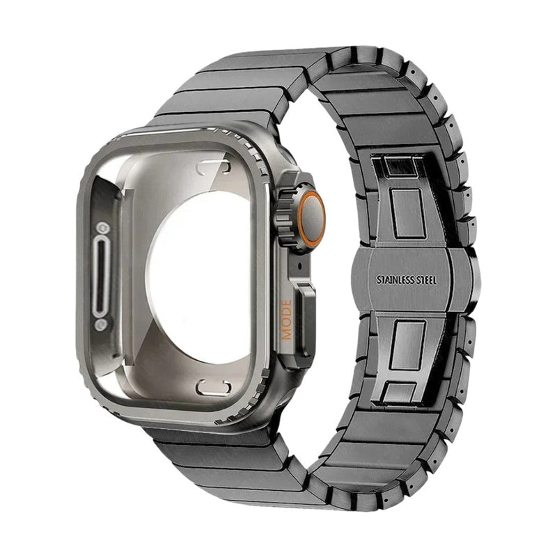 Stainless steel bracelet with full cover for Apple Watch, secure butterfly clasp, modern sporty style, Zedix model