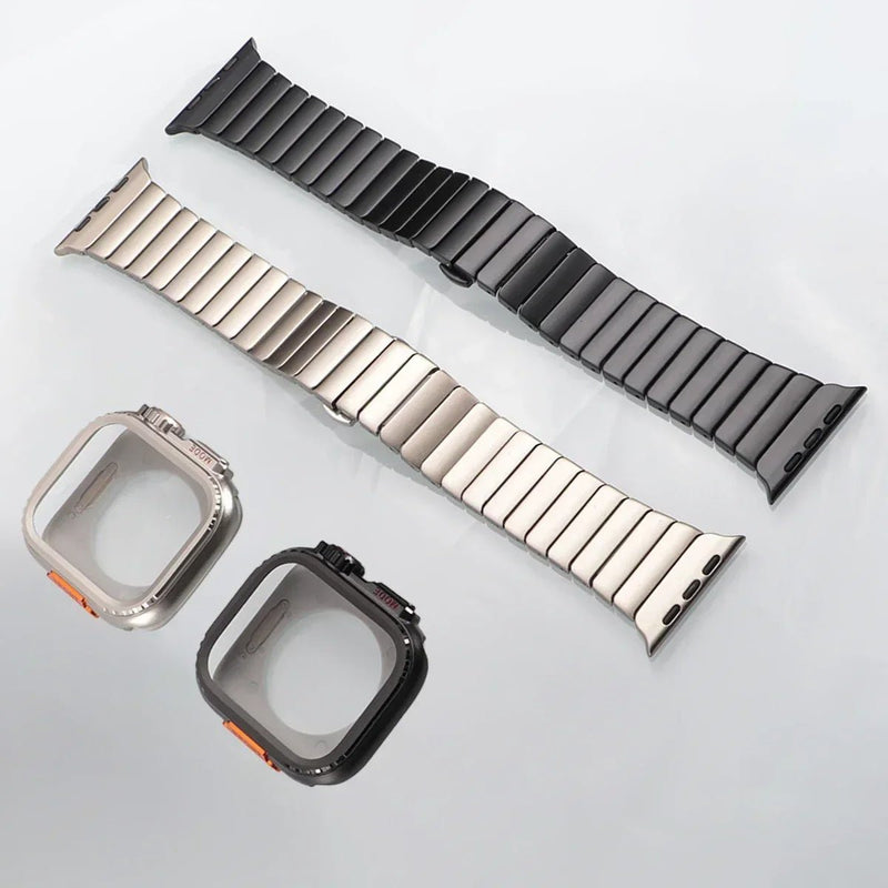 Stainless steel bracelet with full cover for Apple Watch, secure butterfly clasp, modern sporty style, Zedix model