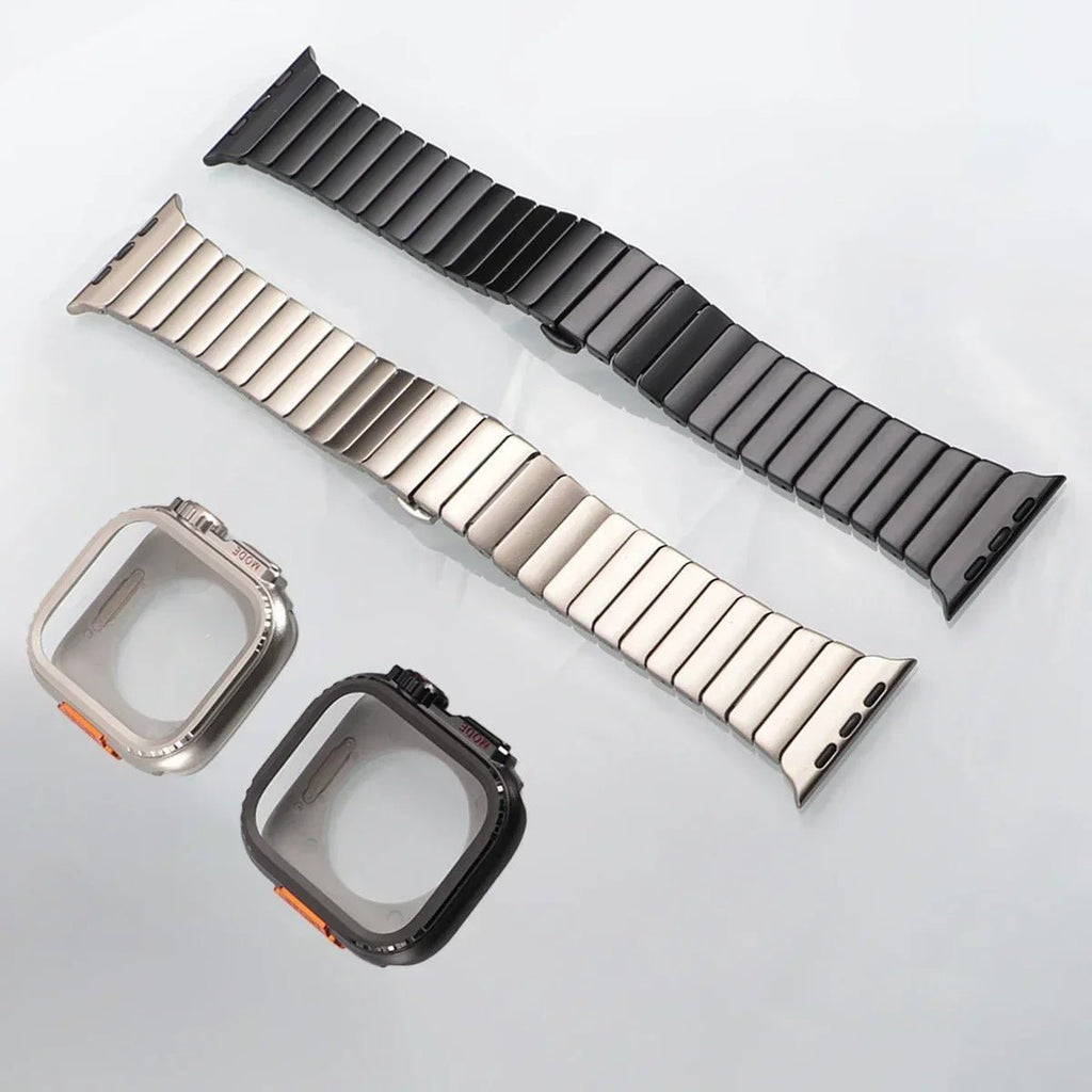 Stainless steel bracelet with full cover for Apple Watch, secure butterfly clasp, modern sporty style, Zedix model