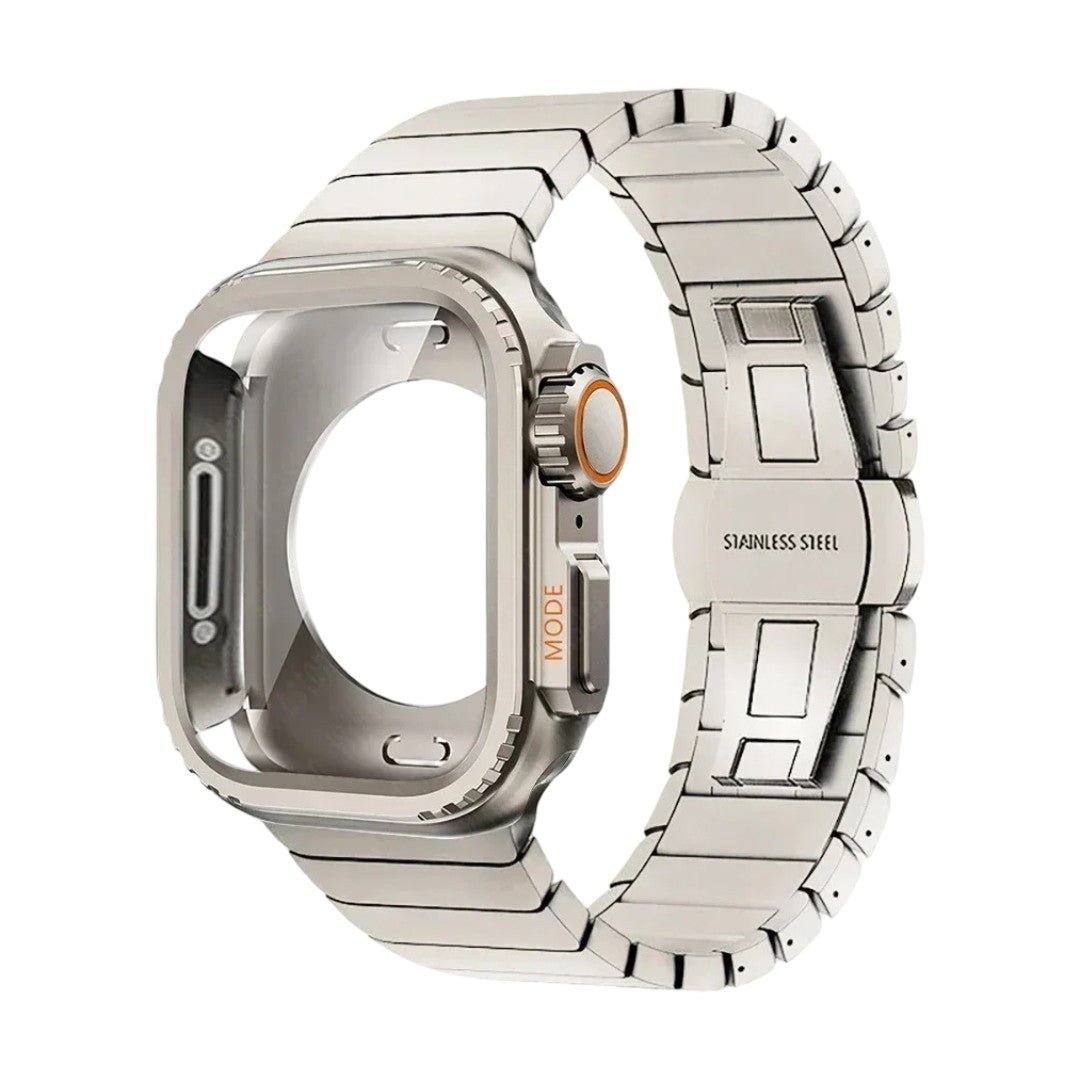 Stainless steel bracelet with full cover for Apple Watch, secure butterfly clasp, modern sporty style, Zedix model