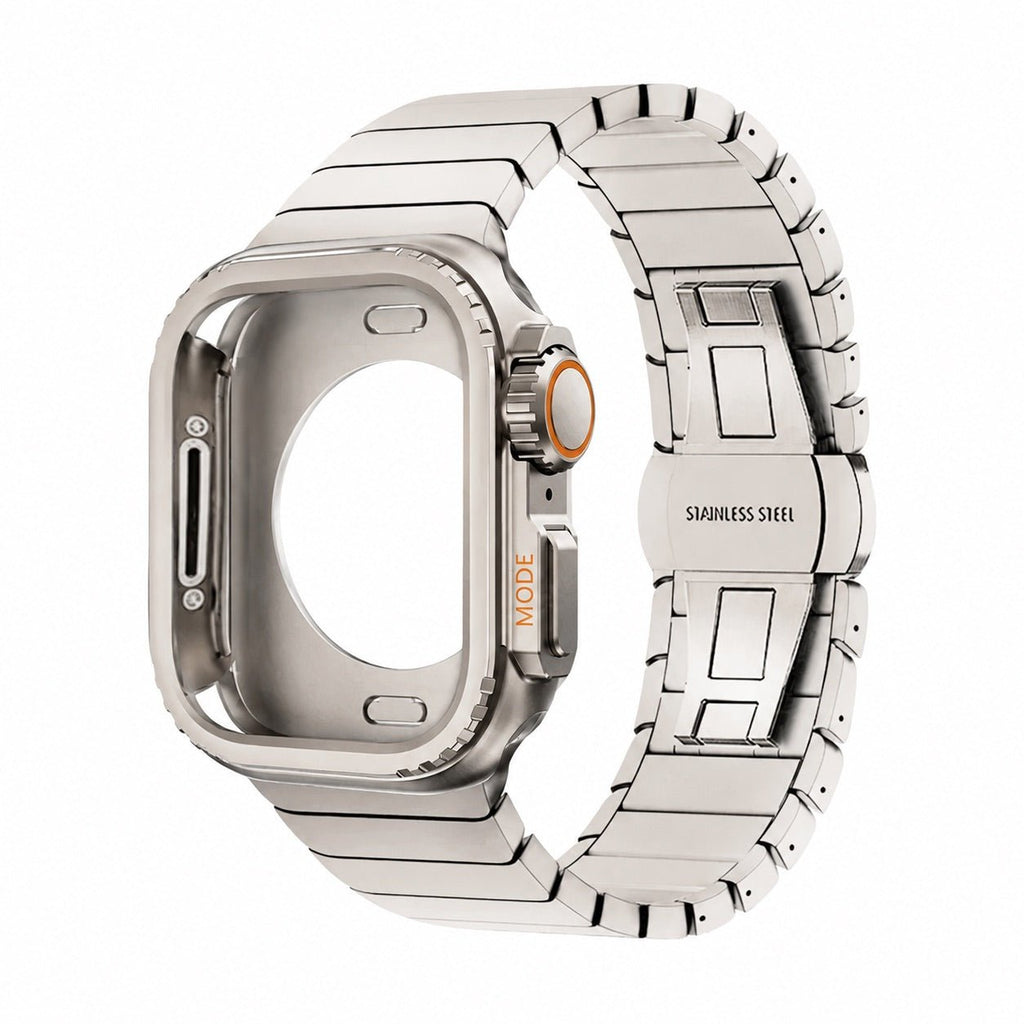 Armband i rostfritt stål med integrerat skal för Apple Watch, säkert fjärilsspänne, modern sportig stil, modell Zedix