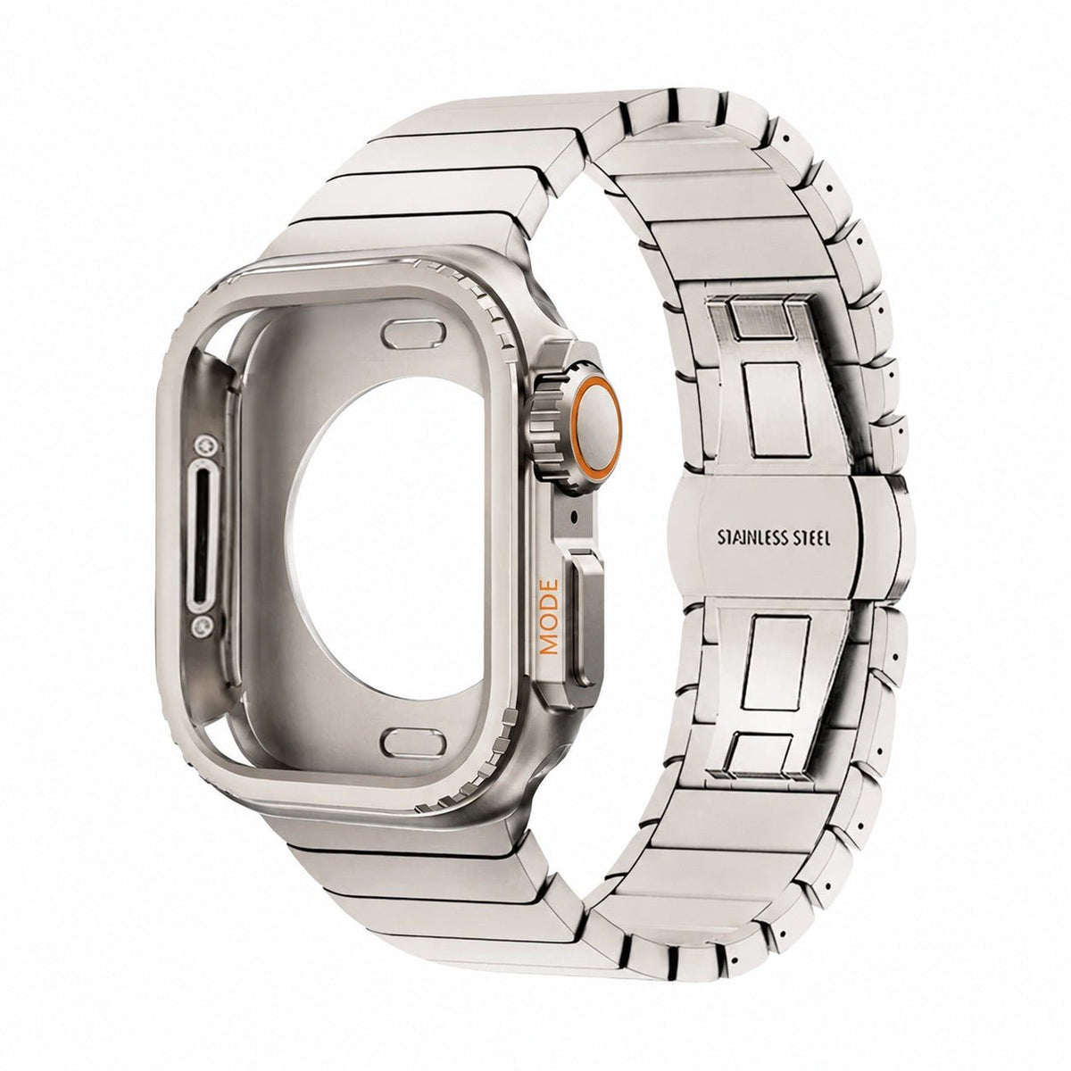 Armband aus rostfreiem Stahl mit vollständig integriertem Gehäuse für Apple Watch, sicherer Schmetterlingsverschluss, modernes sportliches Design, Modell Zedix