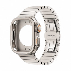 Armband i rostfritt stål med integrerat skal för Apple Watch, säkert fjärilsspänne, modern sportig stil, modell Zedix