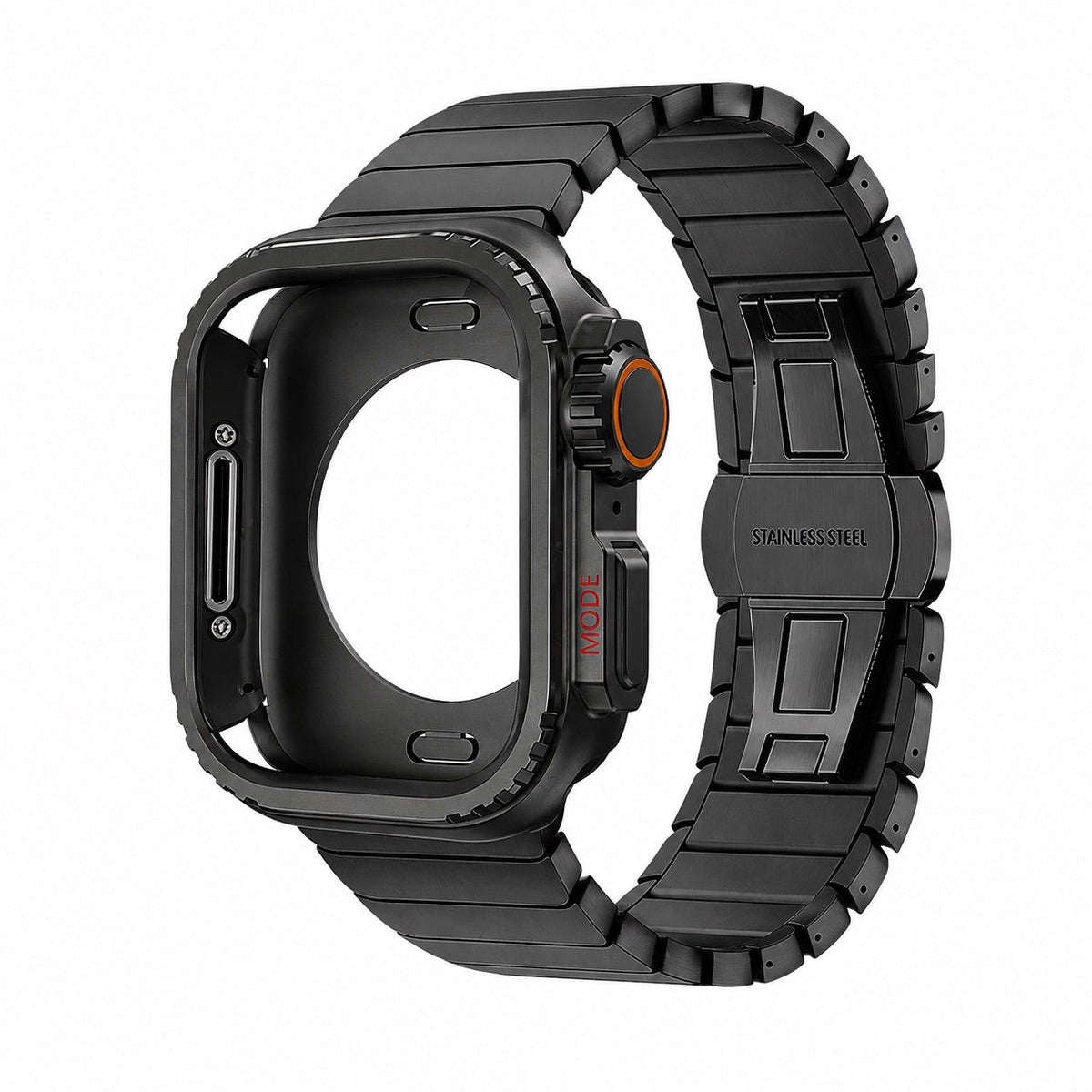 Armband aus rostfreiem Stahl mit vollständig integriertem Gehäuse für Apple Watch, sicherer Schmetterlingsverschluss, modernes sportliches Design, Modell Zedix
