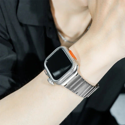 Armband aus rostfreiem Stahl mit vollständig integriertem Gehäuse für Apple Watch, sicherer Schmetterlingsverschluss, modernes sportliches Design, Modell Zedix