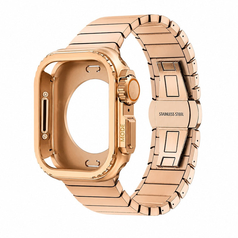 Armband i rostfritt stål med integrerat skal för Apple Watch, säkert fjärilsspänne, modern sportig stil, modell Zedix