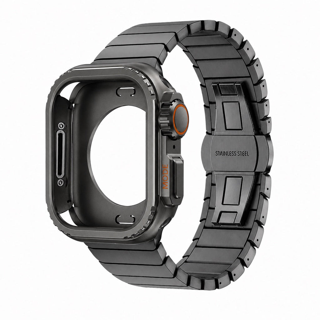 Armband i rostfritt stål med integrerat skal för Apple Watch, säkert fjärilsspänne, modern sportig stil, modell Zedix