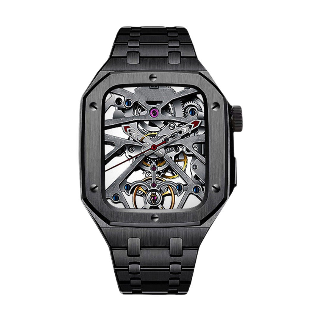 Montre avec bracelet acier noir mat et cadran squelette rectangulaire, style sport-luxe, modèle Titan.