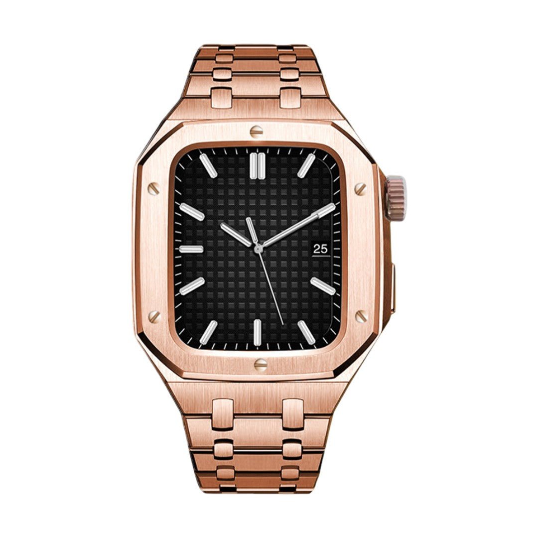 Bracelet acier inoxydable rose doré avec fond de montre noir texturé et cadran carré aux coins arrondis.