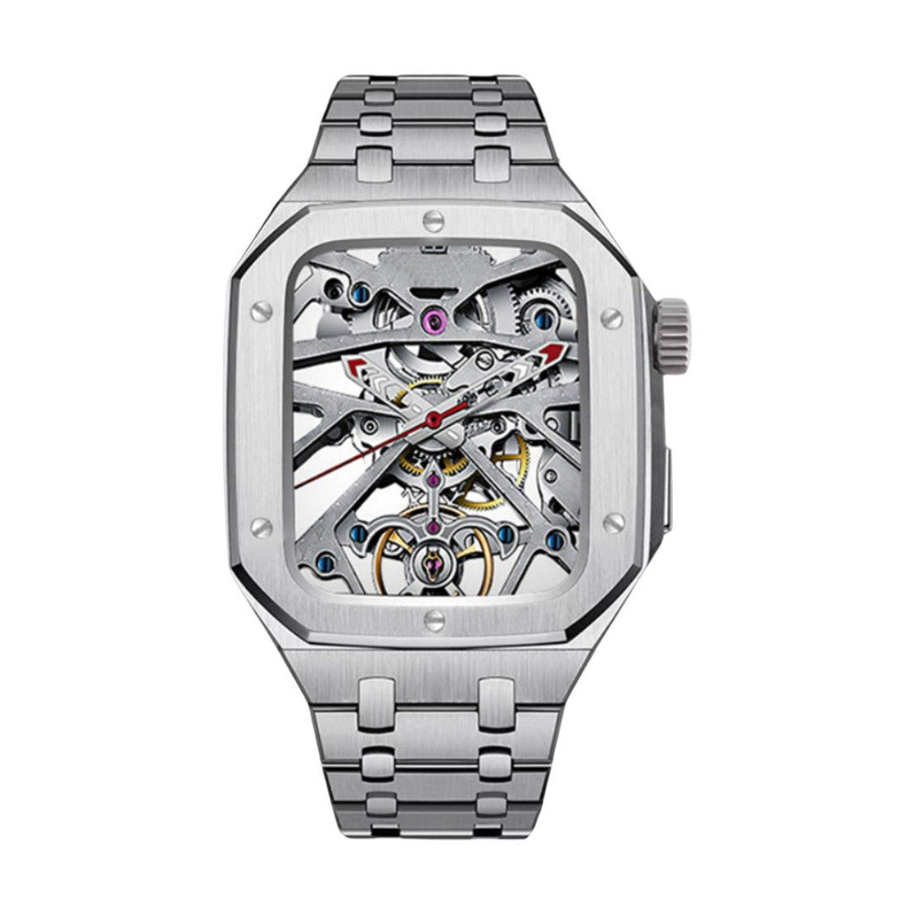 Montre en acier inoxydable avec cadran squelette détaillé et bracelet maille métallique argenté.