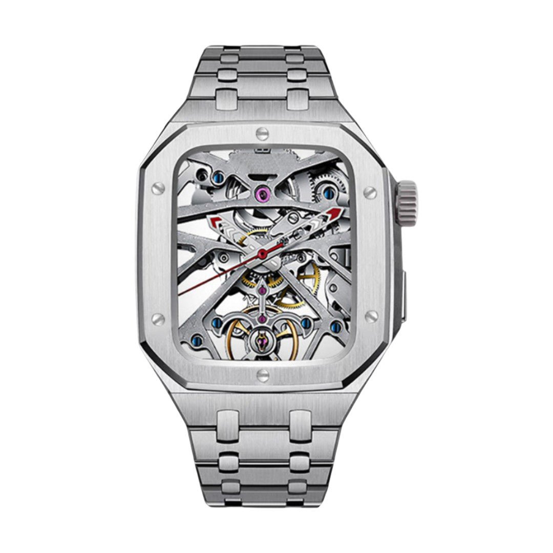 Montre en acier inoxydable avec cadran squelette détaillé et bracelet maille métallique argenté.