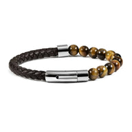 Bracelet homme cuir tressé brun et perles naturelles œil de tigre avec fermoir métal argenté.