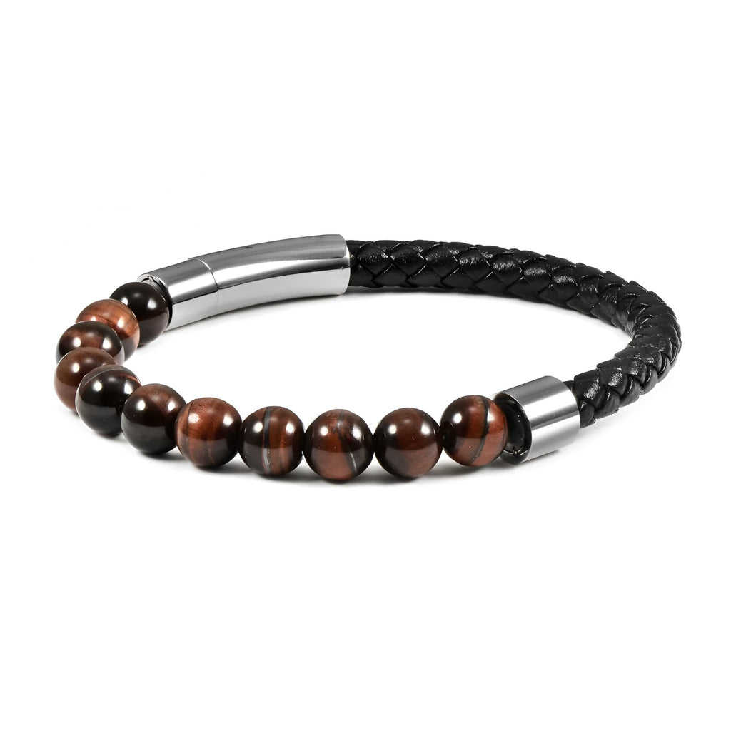 Bracelet homme en cuir tressé noir et perles naturelles d'œil de tigre brun avec fermoir argenté brillant.