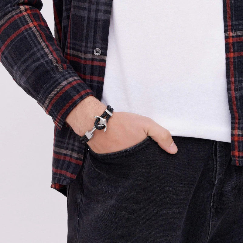 Bracelet ancre double cordon, en cuir et acier inoxydable, pour homme, modèle Zuri - La Boutique du Bracelet