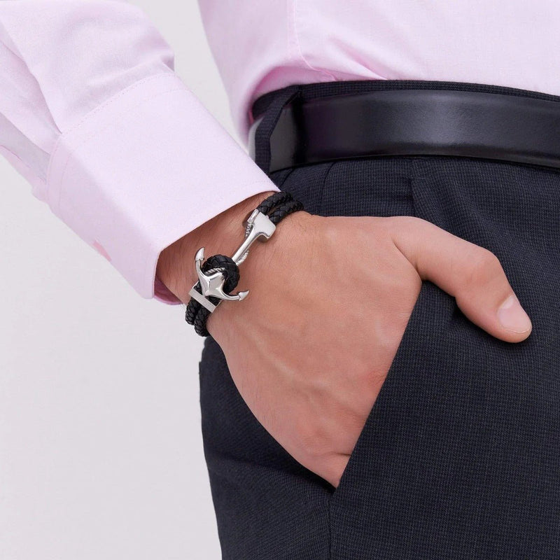 Bracelet homme double cordon noir en cuir avec ancre acier inoxydable style marin.