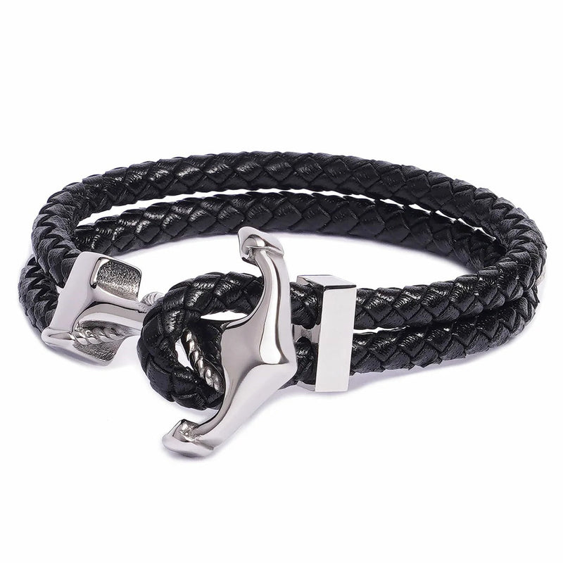 Bracelet ancre double cordon, en cuir et acier inoxydable, pour homme, modèle Zuri - La Boutique du Bracelet