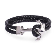 Bracelet homme en cuir noir tressé avec ancre en acier inoxydable argenté double cordon.