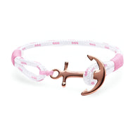 Bracelet ancre en acier inoxydable cuivré avec corde blanche et rose, style marin délicat.